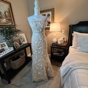 Jovani Cream Beaded Satin Strapless Gown